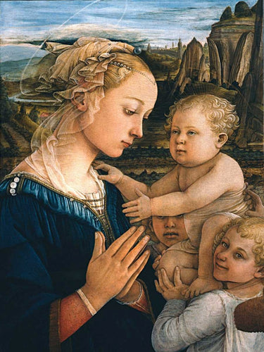 Detail of a traditional canvas art print by Feeling at Home depicting Madonna with Bambino and angels, based on Filippo Lippi's artwork.