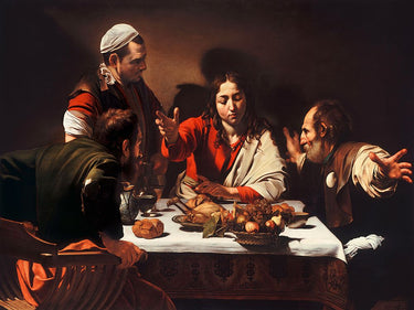 Feeling at home art print of Caravaggio's Supper at Emmaus, a detailed figurative canvas artwork showing a biblical scene.