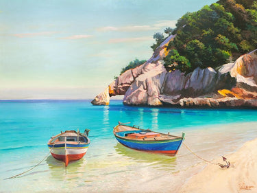 Sardegna coastal canvas art print featuring boats in a caletta, by Galasso Adriano, with serene sea and harbor scene.