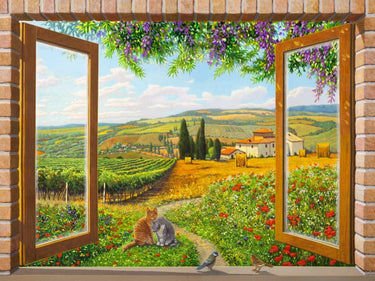European canvas art print titled "Finestra sulla campagna" by Feeling at Home, featuring a scenic countryside window view.
