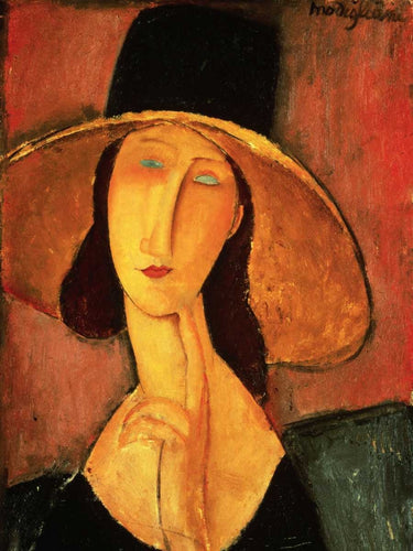 Amedeo Modigliani's portrait of Jeanne Hebuterne, figurative canvas art print showcasing elegant portrait art by Feeling at Home.