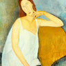 European canvas art print of Jeanne Hébuterne by Modigliani, featuring a portrait with warm tones and artistic brushstrokes.