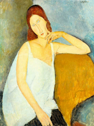 European canvas art print of Jeanne Hébuterne by Modigliani, featuring a portrait with warm tones and artistic brushstrokes.