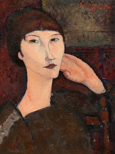 Feeling at home Adrienne figurative canvas art print by Modigliani featuring a woman with bangs and elegant portrait details.