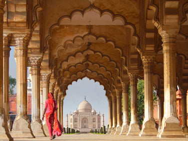 Art Print on canvas Woman in traditional Sari walking towards Taj Mahal by Pangea Images Photography Post-Impressionism artwork