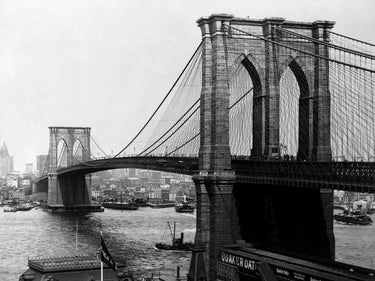 Vintage canvas art print of the Brooklyn Bridge in New York, featuring 1900-style architecture by Loeffler A. for Feeling at Home.