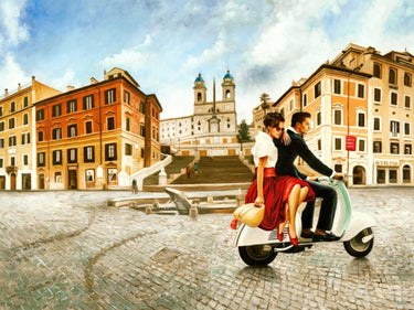 Lovers in Rome figurative canvas art print by Benson Pierre, featuring romantic scene with vibrant colors and detailed brushstrokes.