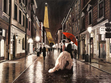 Kissing in Paris figurative canvas art print by Benson Pierre, featuring a romantic scene with vibrant colors and artistic brushstrokes.