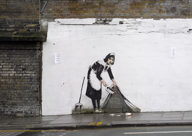 Feeling at Home art print of Camden London graffiti detail attributed to Banksy, featuring vibrant street art on canvas.