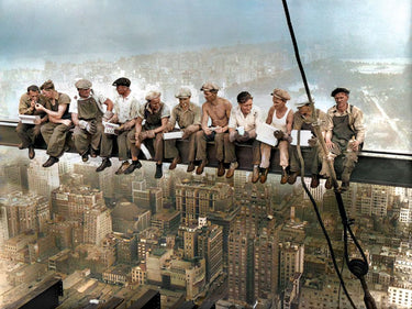 Colorized art print of "Lunch atop a Skyscraper" by Ebbets Charles C., showing workers seated on a steel beam high above New York City.