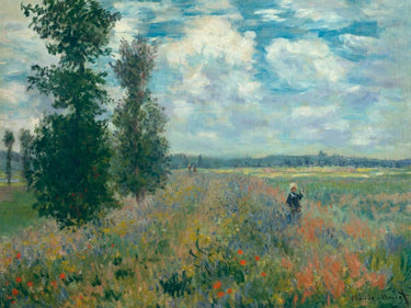European canvas art print of Poppy Fields near Argenteuil by Monet, featuring vibrant flowers and lush landscape details.