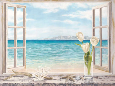 Ocean view coastal canvas art print by Dellal Remy, depicting a serene seaside scene with calming blue waves and sky.