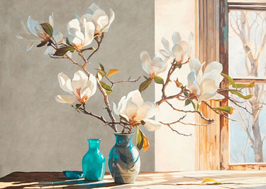 Country French canvas art print of a magnolia branch in a vase by Feeling at Home, featuring delicate floral details.