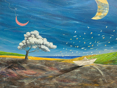 Landscape canvas art print by Larotonda Donato featuring a large moon gazing over a scenic landscape, branded Feeling at Home.