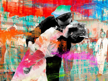 Contemporary canvas art print titled "Kissing the War Goodbye 2.0" by Chestier Eric, featuring vibrant abstract design.