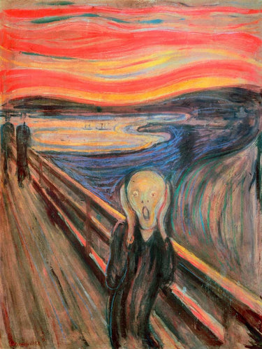 Abstract canvas art print of The Scream by Edvard Munch, featuring bold colors and expressive brushstrokes, by Feeling at Home.