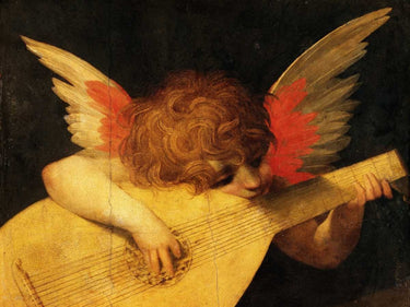 Traditional canvas art print titled Angelo musicante by Rosso Fiorentino, featuring detailed religious artwork by Feeling at Home.