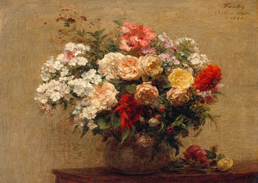 Feeling at home floral art print featuring a vase with summer flowers, inspired by Fantin-Latour Henri's botanical canvas artwork.