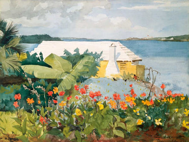 Flower Garden and Bungalow Bermuda landscape canvas art print by Homer Winslow, featuring vibrant garden and bungalow scenes.