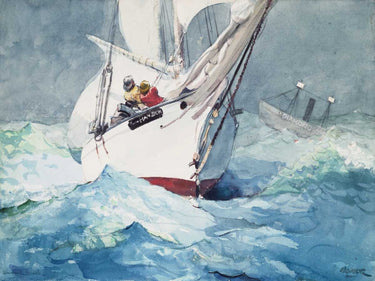 Feeling at Home art print of reefing sails around Diamond Shoals Cape Hatteras by Homer Winslow, landscape canvas wall decor.