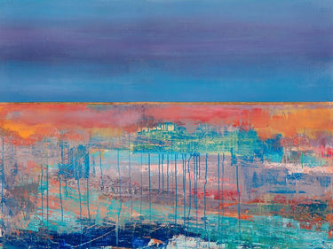 Abstract canvas art print "Riflessi della sera" by Corrado Italo, featuring vibrant evening reflections, from Feeling at Home.