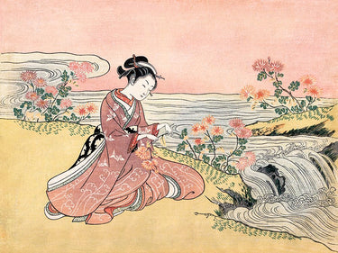 Japanese woman picking chrysanthemums figurative canvas art print by Harunobu Suzuki, showcasing traditional floral scene.