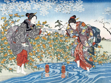 Japanese girls by Ide Tama River art print on canvas, featuring traditional ukiyo-e style by Kuniyoshi Utagawa.