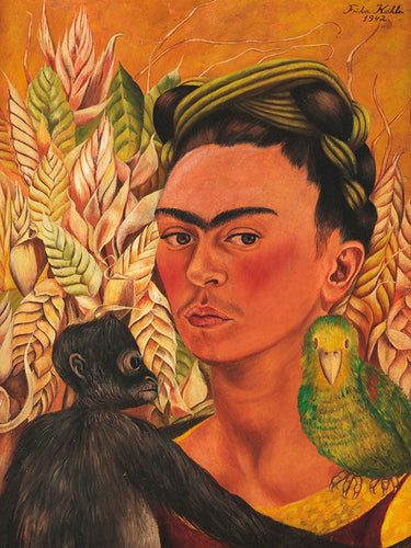 Frida Kahlo's Self-Portrait with Monkey and Parrot figurative canvas art print by Feeling at Home, showcasing vibrant tropical imagery.