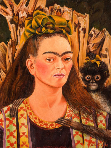 Self-portrait with Monkey 1945 figurative canvas art print by Kahlo Frida, featuring vibrant colors and detailed brushwork.