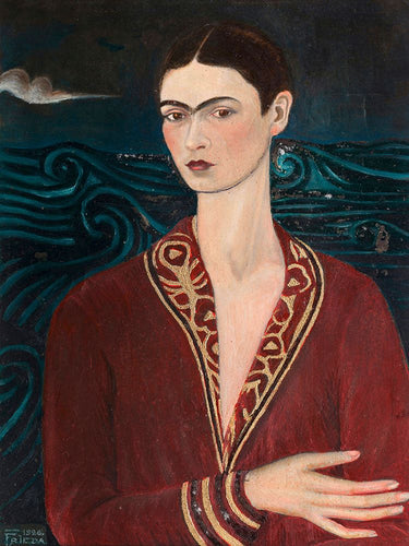Frida Kahlo self-portrait art print featuring her wearing a velvet dress, titled "Feeling at Home" on a figurative canvas from 1926.