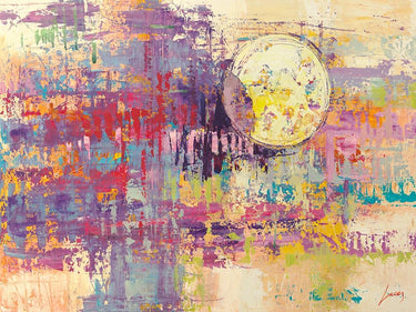 Abstract Luna crescente canvas art print by Feeling at Home, showcasing a crescent moon design in vibrant colors.