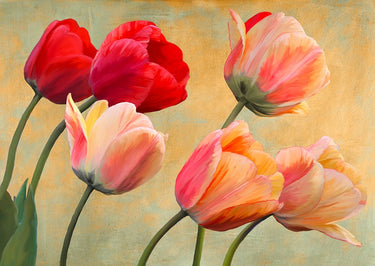 Close-up of a floral canvas art print featuring golden tulips by Feeling at Home, showcasing detailed vibrant flower imagery.