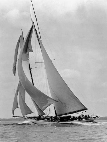 Vintage 1910s canvas art print of a schooner Half Moon by Levick Edwin, featuring nautical scene in a Feeling at Home style.