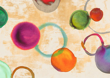 Abstract orbital canvas art print by Maun Ludwig, featuring vibrant swirling patterns on a textured wall display.