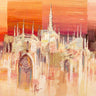 Abstract canvas art print of a sunset scene titled "Milano al tramonto" by Florio Luigi, featuring vibrant warm colors and artistic brushstrokes.