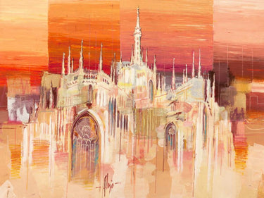 Abstract canvas art print of a sunset scene titled "Milano al tramonto" by Florio Luigi, featuring vibrant warm colors and artistic brushstrokes.