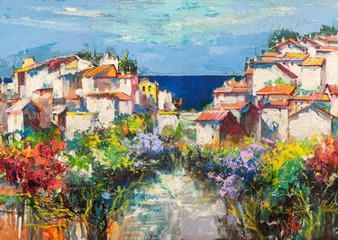 Coastal canvas art print "Borgo sul mare" by Florio Luigi, featuring detailed seaside village scene, by Feeling at Home.