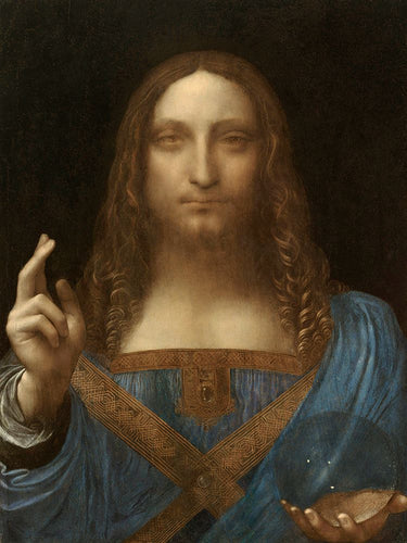 Leonardo da Vinci Salvator Mundi ca. 1500 art print on canvas by Feeling at Home, featuring the iconic religious figure and detailed painting.