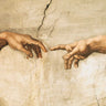 Traditional canvas art print of Michelangelo's "La creazione di Adamo" detail by Feeling at Home, showcasing iconic biblical imagery.