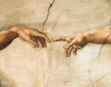 Traditional canvas art print of Michelangelo's "La creazione di Adamo" detail by Feeling at Home, showcasing iconic biblical imagery.
