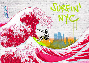 Contemporary canvas art print titled Surfin NYC by Masterfunk Collective, featuring vibrant urban surfing scene in bold colors.