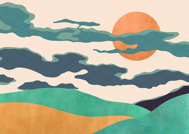 Contemporary canvas art print "Of Clouds and Land" by Miko Sayaka, featuring a serene landscape scene on a wall.