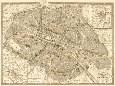Vintage-style canvas art print of the 1865 Paris and Environs map by Galignani Antonio, by Feeling at Home.
