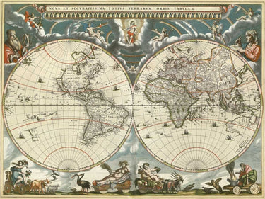 Vintage 1664 Blaeu world map art print on canvas by Feeling at Home, detailed cartographic design with ornate border decoration.
