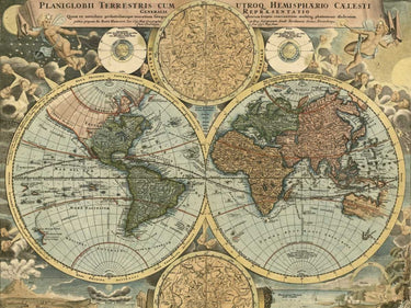 Vintage canvas art print of terrestrial globe by Homann Johanne Baptist, titled Planiglobii terrestris 1716, from Feeling at Home.