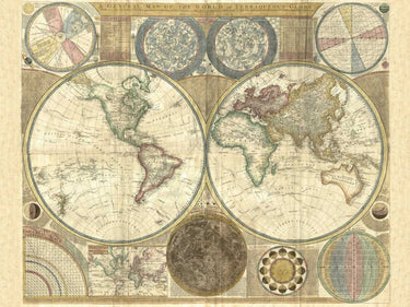 Vintage 1794 double hemisphere world map art print by Dunn Samuel on canvas, titled Feeling at Home.