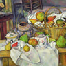 Close-up of "Still Life with Basket" floral canvas art print by Cezanne Paul from Feeling at Home, showcasing detailed brushstrokes.