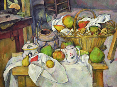 Close-up of "Still Life with Basket" floral canvas art print by Cezanne Paul from Feeling at Home, showcasing detailed brushstrokes.