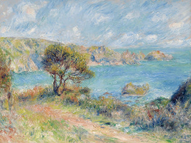 Coastal canvas art print by Pierre-Auguste Renoir featuring a scenic view of Guernsey from 1883, displayed in a natural setting.