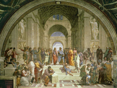 European canvas art print of Raffaello's "Scuola di Atene" by Feeling at Home, showcasing classical architecture and philosophers.
